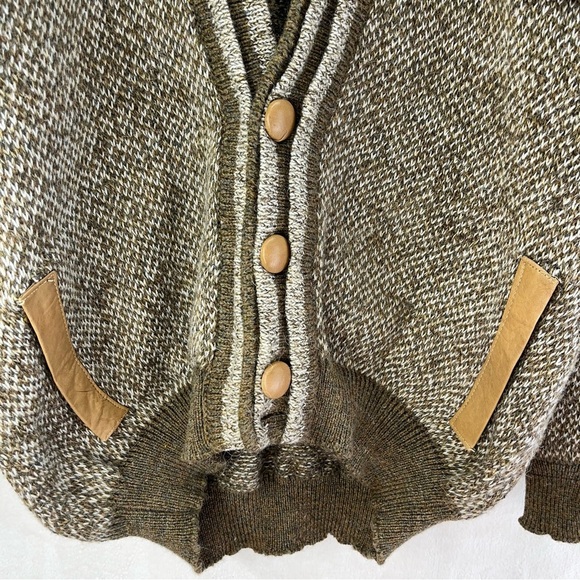 NOS Vintage 80’s Saint Tomas Leather Trimmed Patchwork Geometric Men Cardigan L - Picture 4 of 10